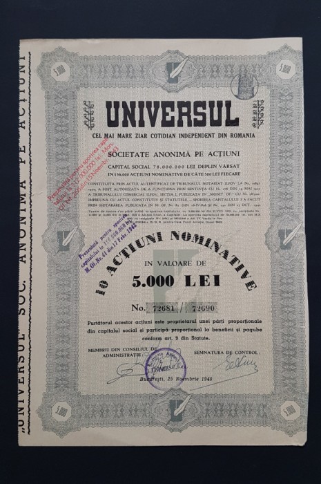 Actiune 1940 ziarul Universul / titlu 10 actiuni