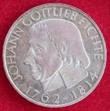 (A249) MONEDA DIN ARGINT GERMANIA - 5 MARK 1964, LIT. J, 150 ANI DE LA MOARTEA LUI JOHANN GOTTLIEB FICHTE, MAI RARA