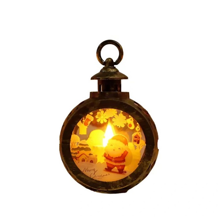 Decoratiune craciun tip felinare cu baterii, 13.5 x 9 cm,lumanare cu geam si inscriptie mos craciun,lumina alb cald,baterii incluse,bronz auriu