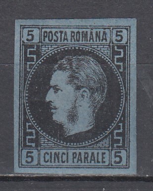 ROMANIA 1866/1867 LP 19 a CAROL I CU FAVORITI 5 PARALE HARTIE SUBTIRE NEGRU PE HARTIE ALBASTRA LIPSA GUMA
