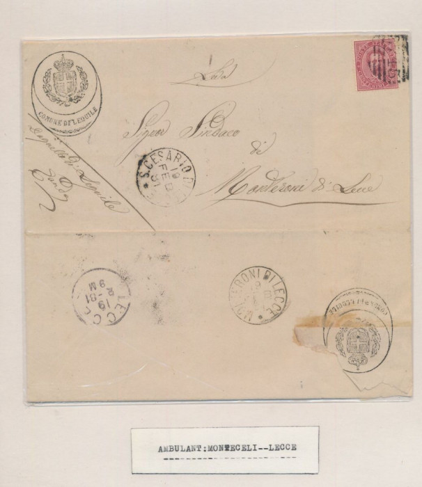 Italy 1881 Postal History Rare Stampless Cover to Lecce DG.036