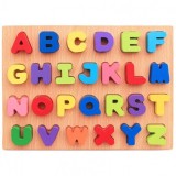 Cumpara ieftin Joc educativ din lemn multicolor 30 x 23 x 0.5 cm, tabla alfabet cu 26 litere, puzzle incastru pentru copii, invatare litere si culori, 3+ ani
