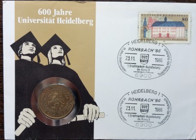 GERMANIA - FDC SI MONEDA 5 MARK 1986 D, UNIVERSITATEA HEIDELBERG - MONEDA UNC foto