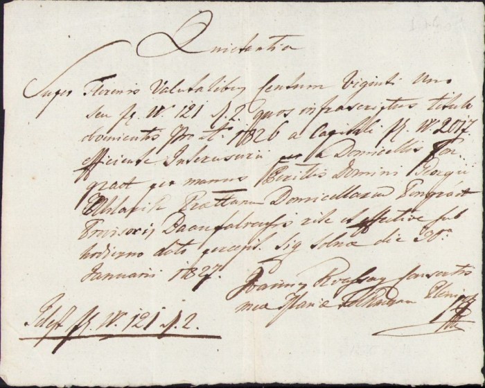 A366 Chitanță olografă, 1827, &icirc;n limba latină