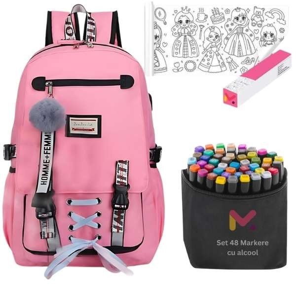 Ghiozdan pentru Copii, Impermeabil, Port USB, 30 x 14 x 47 cm, Roz cu Rola Hartie Auto-Adeziva si Decupabila pentru Desenat, 3 m