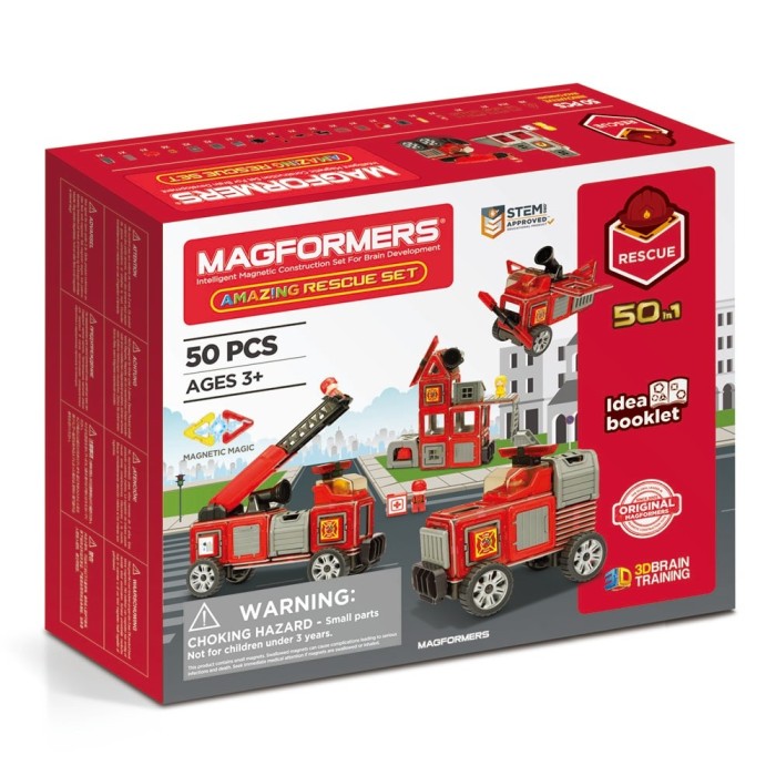 Joc magnetic de construcE, &ordm;ie Magformers Amazing Rescue Set - Statia de Pompieri, 50 piese