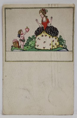 DOAMNA CU AMORAS , GRAFICA , CARTE POSTALA , LITOGRAFIE COLOR , 1921 foto