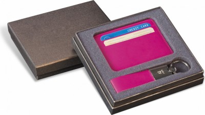 Set card holder si breloc piele naturala fucsia foto