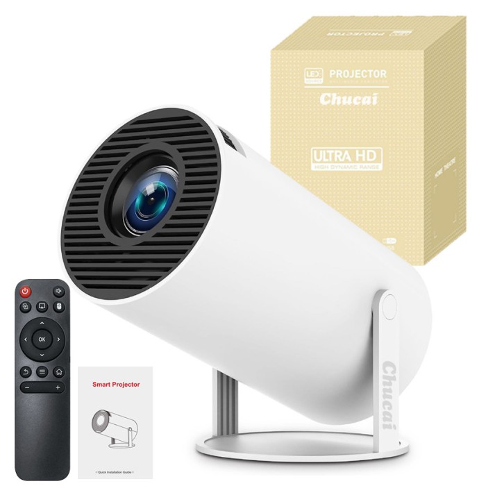 Videoproiector smart portabil, 6000 lumeni, 160 ANSI, cu Android 11, Wi-Fi dual, Bluetooth, rezolutie 1280x720p HD, suport 4K, conexiune HDMI, USB si