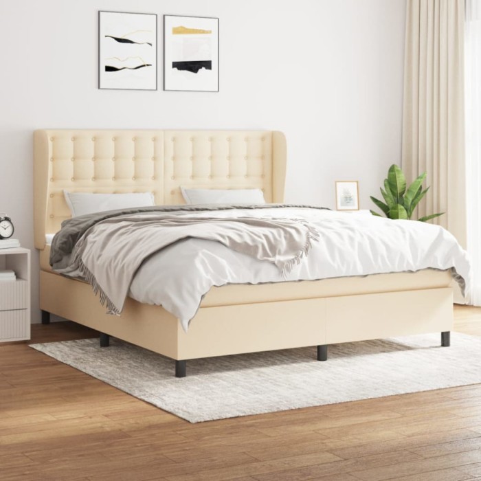 vidaXL Pat box spring cu saltea, crem, 160x200 cm, material textil 3128298