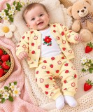Cumpara ieftin Costumas bumbac bebelusi 3 piese galben cu imprimeu fructe, bluza maneca lunga