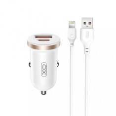 Incarcator auto 12V XO, 30W, USB-A, USB-C, QC 3.0, PD3, CC56 + cablu Lightning, alb