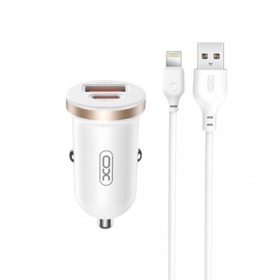 Incarcator auto 12V XO, 30W, USB-A, USB-C, QC 3.0, PD3, CC56 + cablu Lightning, alb foto