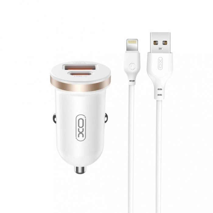 Incarcator auto 12V XO, 30W, USB-A, USB-C, QC 3.0, PD3, CC56 + cablu Lightning, alb