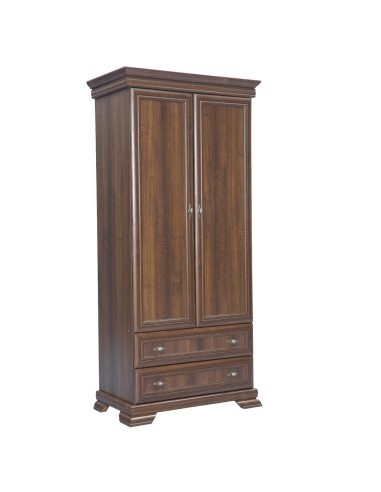 Dulap living si dormitor VMS1, 2 usi, 2 sertare, cu bara de haine, Pal Melaminat, cu elemente din MDF, Nuc