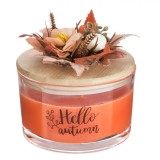 Lumanare Decorativa, 3 Fitiluri, Aroma Scortisoara, Capac Lemn, Somon, Diametru 13cm, Inaltime 8cm, Oem