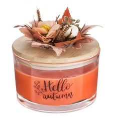 Lumanare Decorativa, 3 Fitiluri, Aroma Scortisoara, Capac Lemn, Somon, Diametru 13cm, Inaltime 8cm