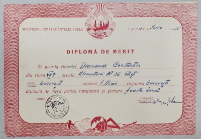 DIPLOMA DE MERIT , SCOALA ELEMENTARA 36 , BUCURESTI , 15 IUNIE , 1951 foto