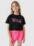 Tricou crop-top cu imprimeu pentru fete - negru, 4F Sportswear