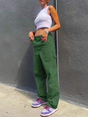 Pantaloni cargo cu talie medie, verde, dama foto