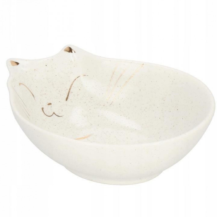 Castron, bol, pentru caine, pisica, ceramica, alb, model pisica, 15x11x5 cm