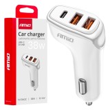 Incarcator auto AMiO 2x USB-A + USB-C 38W, alimentare 12-24V DC, incarcare simultana pentru 3 dispozitive, carcasa alba compacta