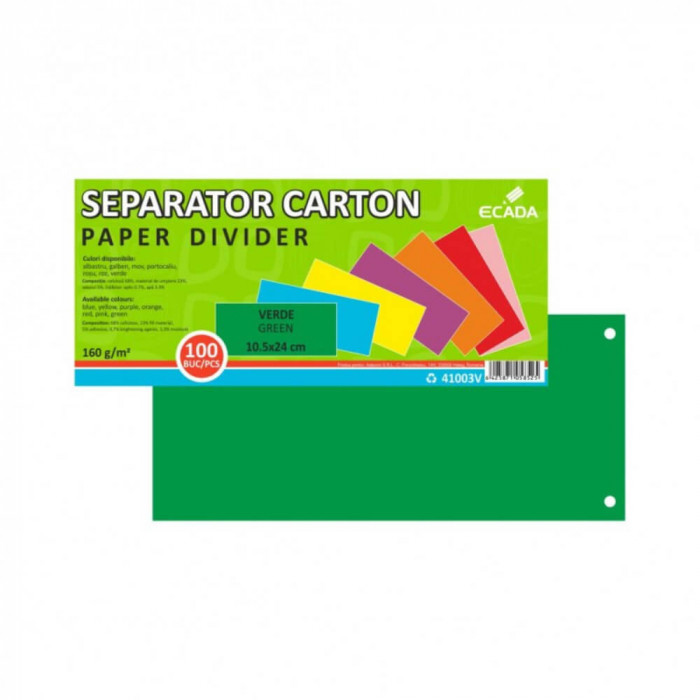 Set 100 Separatoare Carton Ecada pentru Documente, 10.5x24 cm, 160 g/m&sup2;, Verzi, Separator pentru Documente, Separator Documente Carton, Separator Docu