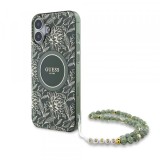 Husa MagSafe pentru Apple iPhone 16 Plus, Guess, IML Flowers Allover Electroplated with Pearl Strap, Verde