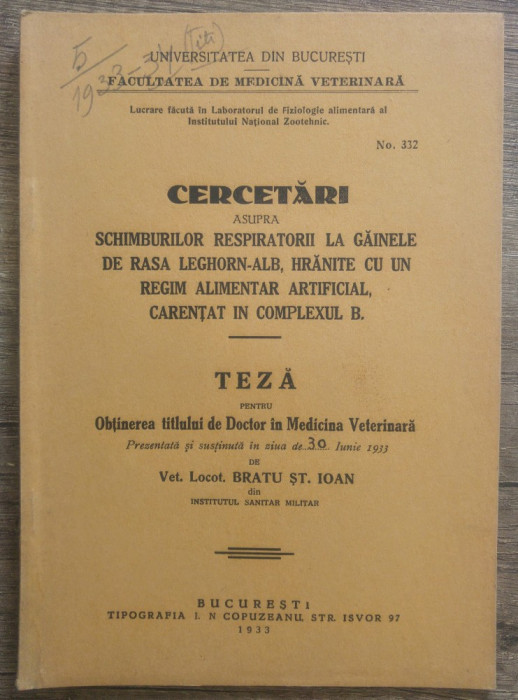 Cercetari asupra schimburilor respiratorii la gainele de rasa leghorn-alb...