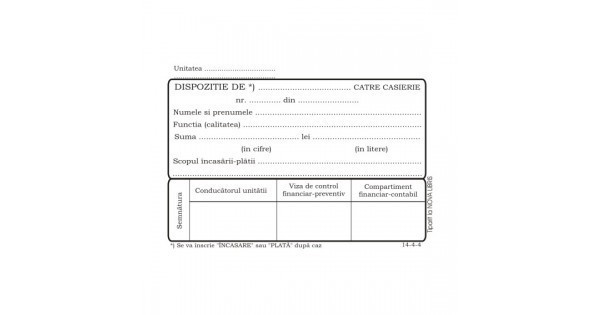 Dispozitie Plata Casierie, Format A6, 100 Coli/carnet