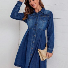 Rochie mini in denim, cu nasturi si maneca lunga, albastru, dama, Shein