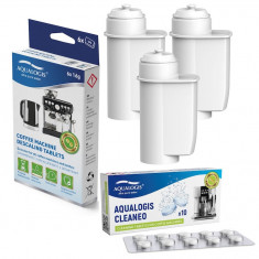 Kit de intretinere pentru espressor, Aqualogis, 3 x Filtru apa AL-Inte, 10 x Tablete curatare Cleaneo, 6 x Tablete decalcifiere