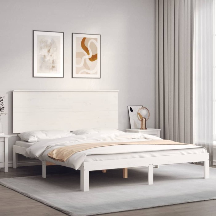 vidaXL Cadru de pat cu tăblie, alb, king size, lemn masiv 3193667