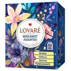 Cutie cu 32 pliculețe de ceai negru cu bergamotă asortat Lovaré (4 arome x 8 pliculețe): Mango, Vanilie, Trufă, Rodie 32g