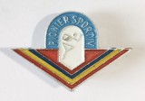INSIGNA PIONIER SPORTIV FARA CLASA ALUMINIU VOPSIT FARA EMAIL ANII 80 PIONIERI, Romania de la 1950