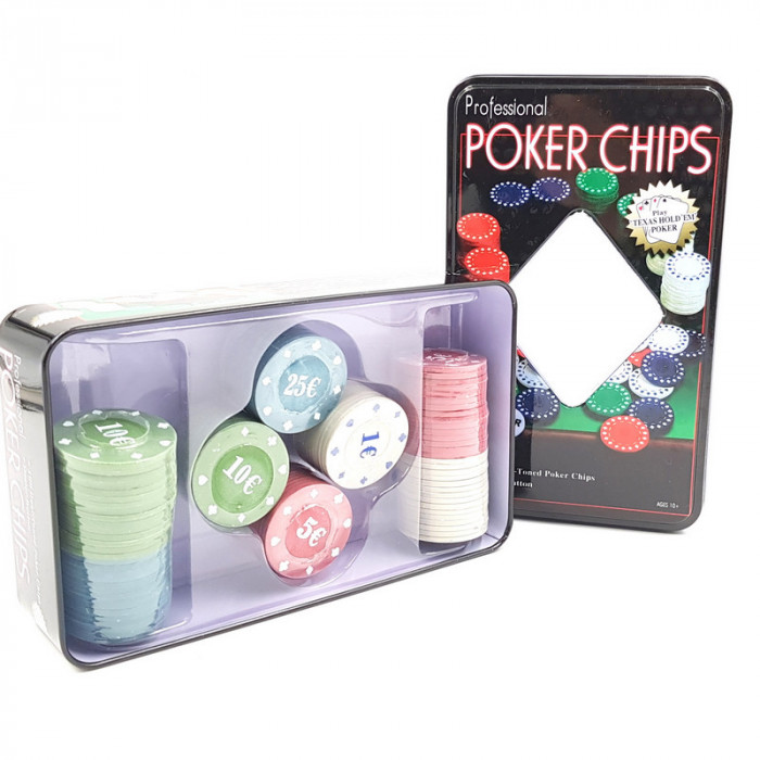 Set Poker Chips, 19 x 11.5 x 5 cm, 100 chips, buton dealer, Multicolor