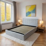 Cumpara ieftin Pat tapitat cu material textil, 180 x 200, cu somiera rabatabila si lada depozitare, Culoare Gri, Kurt