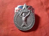 Insigna - Prima Spartakiada 1955 Cehoslovacia ,argintata , cu email ,h=3,8cm