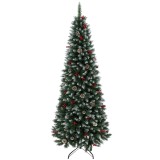 HOMCOM Brad de Crăciun Creion Nins 210 cm cu 818 Crengi Bobițe Roșii Conuri Bază Metalică Pliabilă Deschidere Automată Verde | Aosom Romania