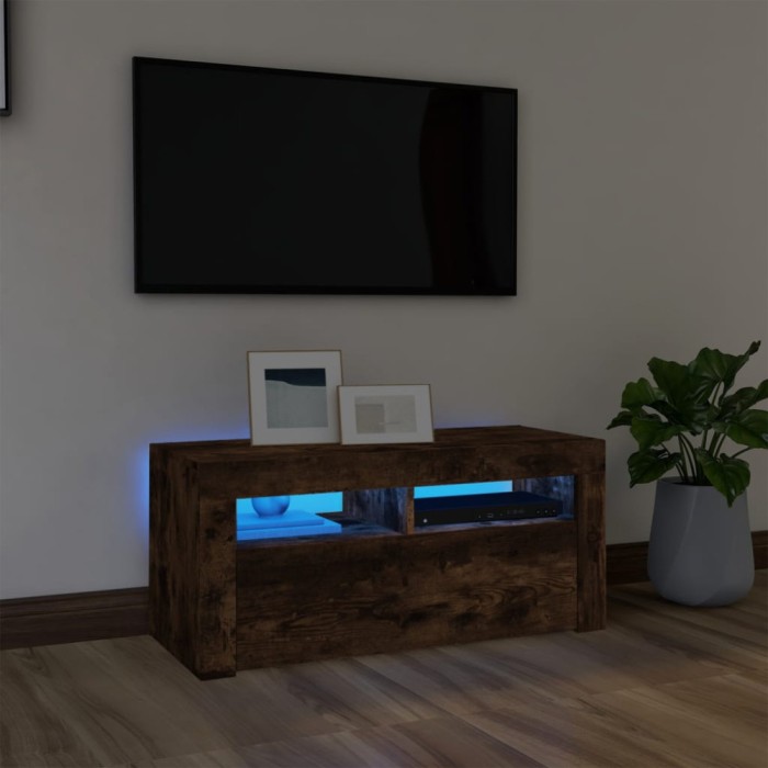 vidaXL Comodă TV cu lumini LED, stejar fumuriu, 90x35x40 cm