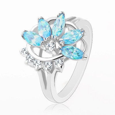 Inel cu brațe lucioase despărțite, jumătate de floare albastră și transparentă - Marime inel: 50 foto