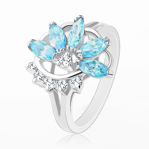 Inel cu brațe lucioase despărțite, jumătate de floare albastră și transparentă - Marime inel: 50