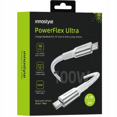 Innostyle Powerflex Ultra Cablu Usb-C Cu &amp;Icirc;ncărcare Rapidă Thunderbolt 10Gbps 100W Kevlar Kevlar 2M Argintiu foto