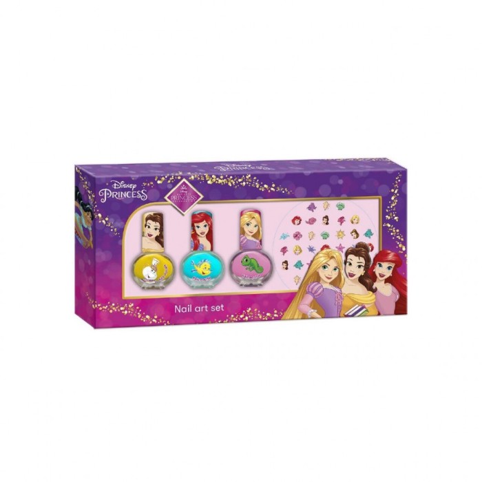 Set manichiura pentru fetite, 3 lacuri de unghii si modele de lipit pe unghii, Printesele Disney