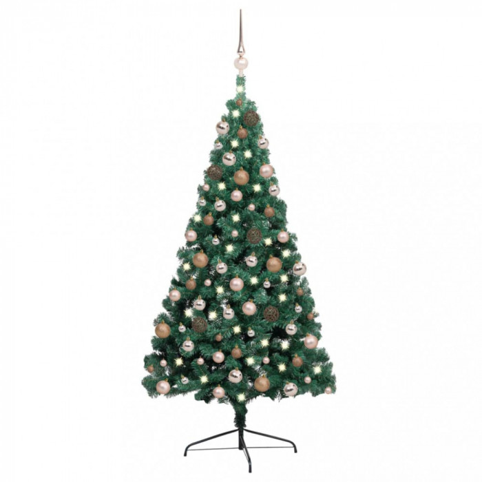 Jumătate brad Crăciun artificial cu LEDuri&amp;globuri verde 240 cm