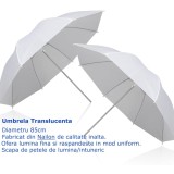 Cumpara ieftin Sistem iluminare studio foto video cu trepied profesional 200 cm, umbrela difuzie 87 cm si bec E27 85W 5500K pentru content creation si streaming