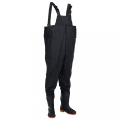 Pantaloni tip Salopeta Impermeabila pentru Pescuit si Vanatoare cu Cizme Incorporate, Negru, Marime 38