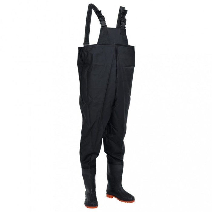 Pantaloni tip Salopeta Impermeabila pentru Pescuit si Vanatoare cu Cizme Incorporate, Negru, Marime 38