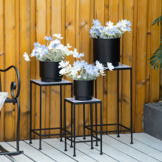 Outsunny Suport plante floral din metal cu suprafata cu placi din ceramica 3 bucati pentru gradina si balcon, albastru si negru