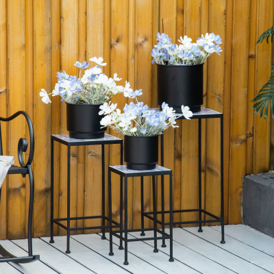 Outsunny Suport plante floral din metal cu suprafata cu placi din ceramica 3 bucati pentru gradina si balcon, albastru si negru foto